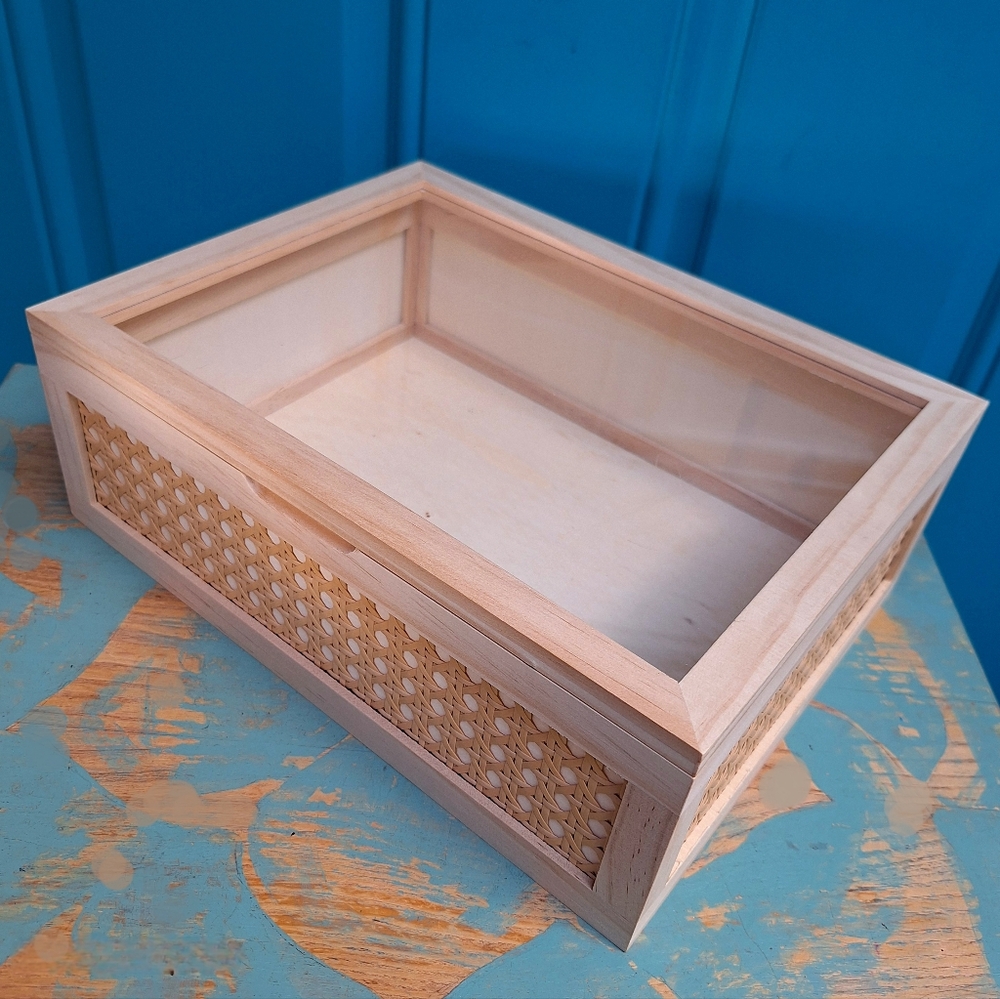 Wood and Glass Display Box or Wall Shelf Hinged Lid Wicker Trinkets Collectibles - Picture 6 of 15